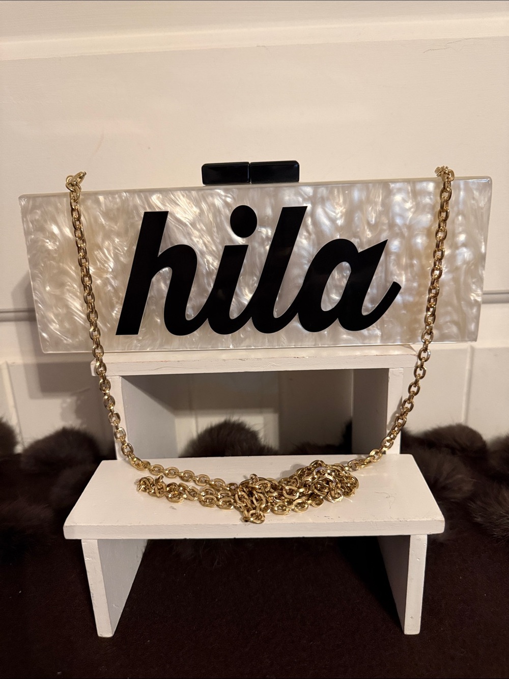 Pearlescent 'hila' Acrylic Box Clutch with Gold Chain